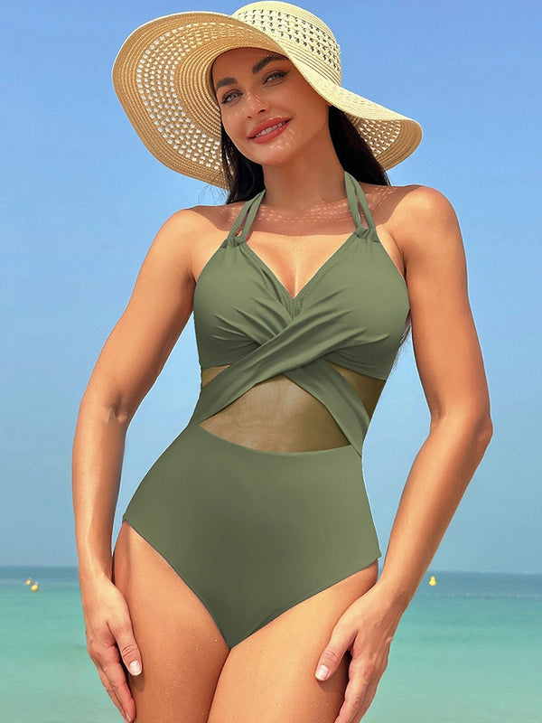 Beach Bathing Suits Black Halter Mesh Insert Cross Front One-Piece Swimsuit