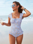 Tropical Ditsy Floral Ruffled Neck Backless One-Piece Swimsuit