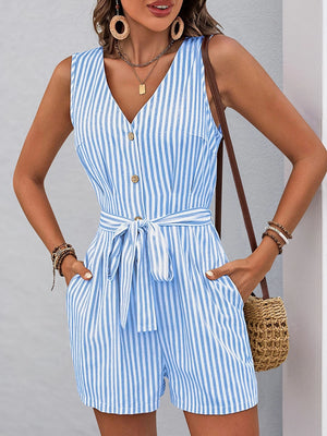 Women's Striped Wrap V Neck Tie Waist Spaghetti Strap Gym Shorts