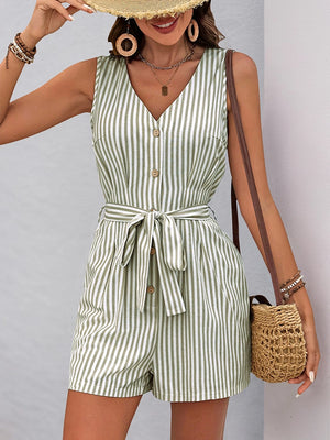 Women's Striped Wrap V Neck Tie Waist Spaghetti Strap Gym Shorts