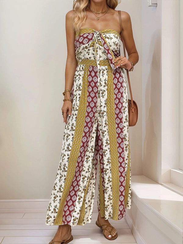 Sleeveless Back Tie Abstract Print Wide Leg Jumpsuit
