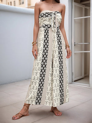 Sleeveless Back Tie Abstract Print Wide Leg Jumpsuit