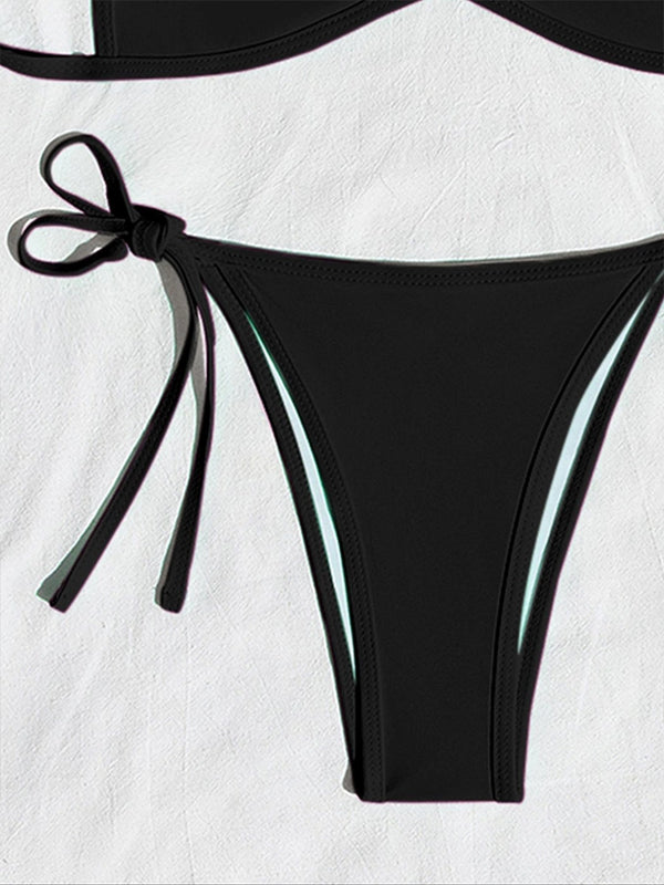 Women’s Halter Tie-Back Plain High-Cut Two-Piece Bikini for Summer Beach
