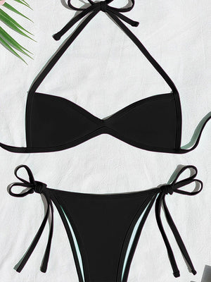 Women’s Halter Tie-Back Plain High-Cut Two-Piece Bikini for Summer Beach