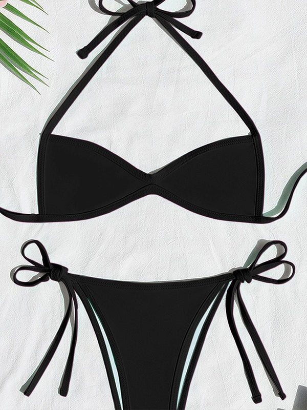 Women’s Halter Tie-Back Plain High-Cut Two-Piece Bikini for Summer Beach