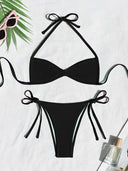 Women’s Halter Tie-Back Plain High-Cut Two-Piece Bikini for Summer Beach