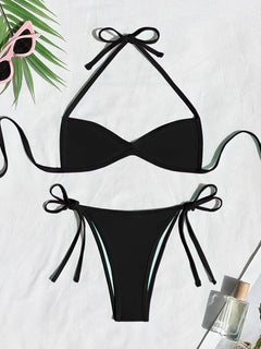 Women’s Halter Tie-Back Plain High-Cut Two-Piece Bikini for Summer Beach