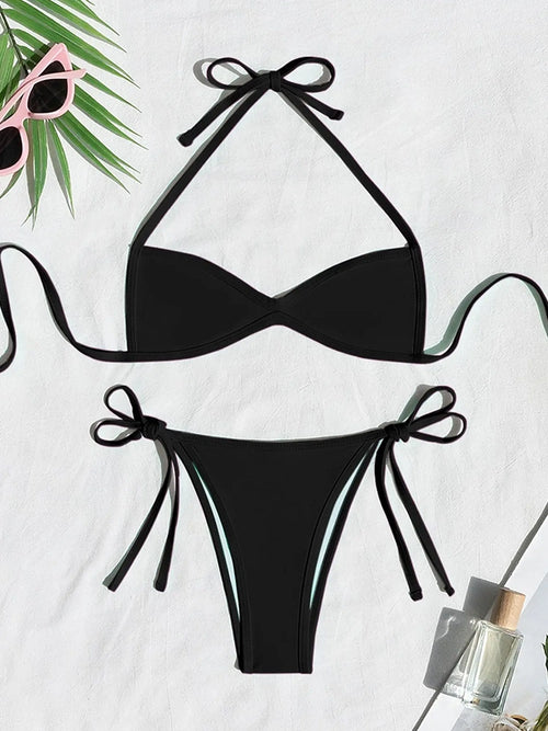 Women’s Halter Tie-Back Plain High-Cut Two-Piece Bikini for Summer Beach