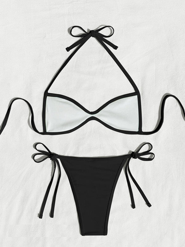 Women’s Halter Tie-Back Plain High-Cut Two-Piece Bikini for Summer Beach
