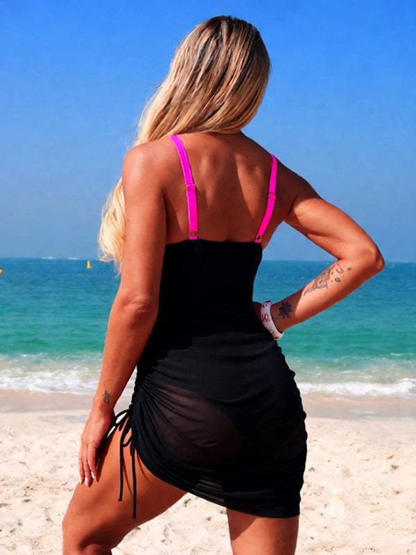 Women's gold floral Color-blocked mesh one-piece swimsuit
