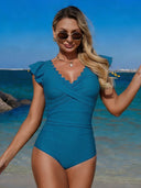 1pc Women Solid Color Cross Wrap One-Piece Swimsuit
