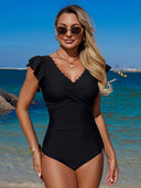 1pc Women Solid Color Cross Wrap One-Piece Swimsuit