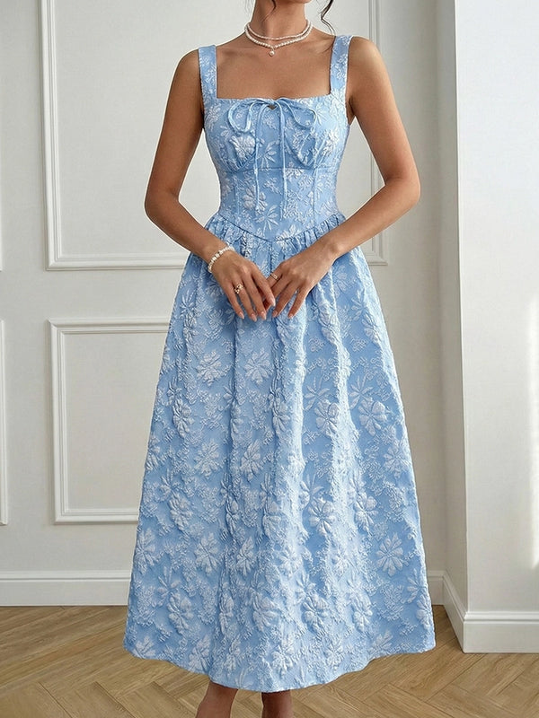 Women's Casual Sleeveless Square Neck Jacquard Flowy Maxi Dress