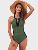 Women’s Colorblock Tummy Control One-Piece Swimsuit with Cross Back