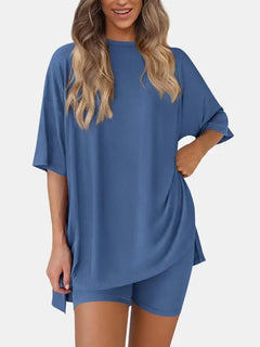 Women’s Casual Oversized 2-Piece Set – Crewneck Top & Split Hem Design