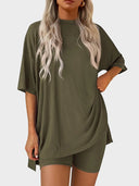 Women’s Casual Oversized 2-Piece Set – Crewneck Top & Split Hem Design