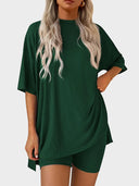 Women’s Casual Oversized 2-Piece Set – Crewneck Top & Split Hem Design