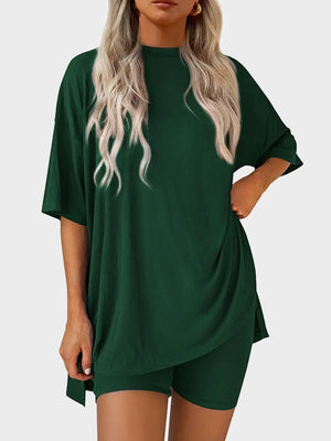 Women’s Casual Oversized 2-Piece Set – Crewneck Top & Split Hem Design