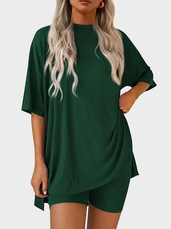 Women’s Casual Oversized 2-Piece Set – Crewneck Top & Split Hem Design