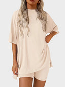 Women’s Casual Oversized 2-Piece Set – Crewneck Top & Split Hem Design