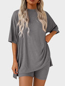 Women’s Casual Oversized 2-Piece Set – Crewneck Top & Split Hem Design