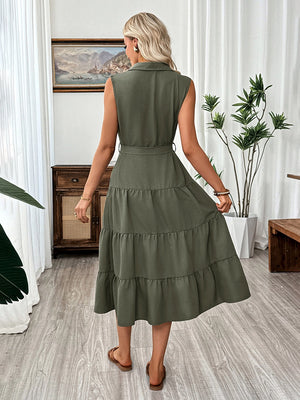 Women's Sleeveless Shirt Collar Belted Shirt Dress