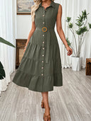 Women's Sleeveless Shirt Collar Belted Shirt Dress