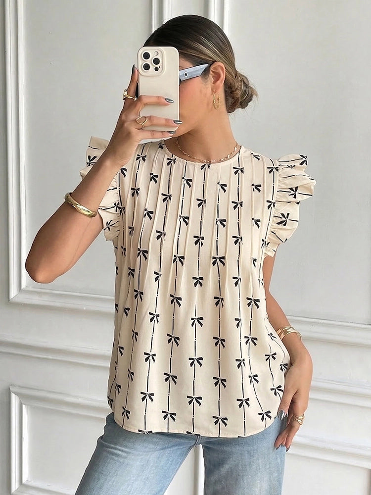 Women's  Summer Top Ruffle Butterfly Sleeve Textured Shirt