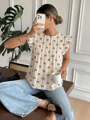 Women's  Summer Top Ruffle Butterfly Sleeve Textured Shirt