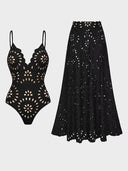 Women’s Black Laser-Cut One-Piece Swimsuit