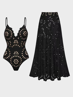 Women’s Black Laser-Cut One-Piece Swimsuit