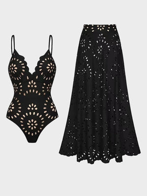 Women’s Black Laser-Cut One-Piece Swimsuit
