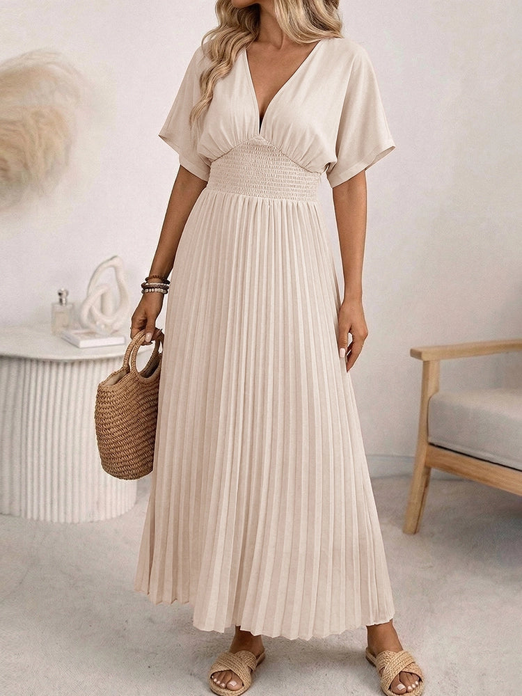 Women's V Neck Pleated Maxi Dress