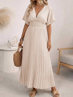 Women's V Neck Pleated Maxi Dress