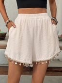Women's Elastic Waist Tassel Trim Shorts