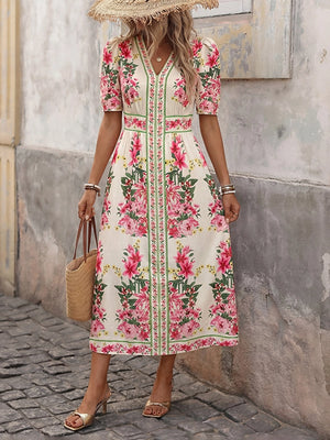 Boho Floral Print V Neck Midi Dress