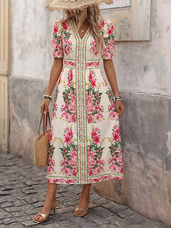Boho Floral Print V Neck Midi Dress