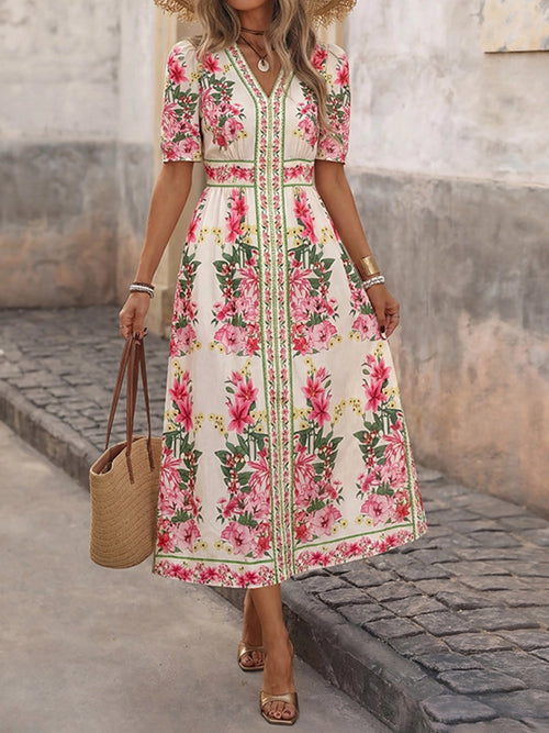 Boho Floral Print V Neck Midi Dress
