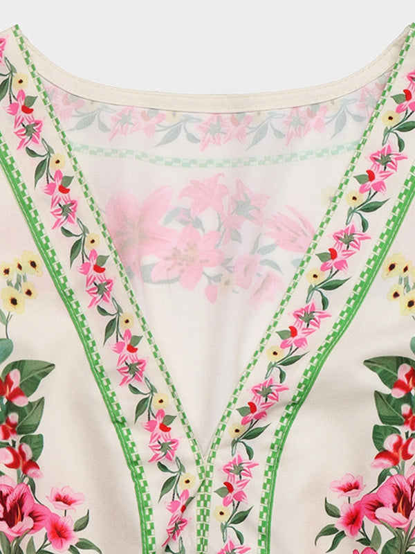 Boho Floral Print V Neck Midi Dress