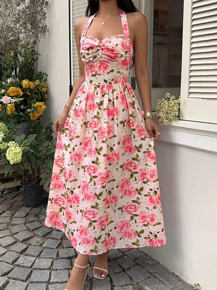 Women's Floral Halter Neck Midi Dress