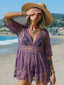Women's Contrast Lace Bathing Suit Cover Up V-Neck Swimsuit Coverups Loose Swimwear
