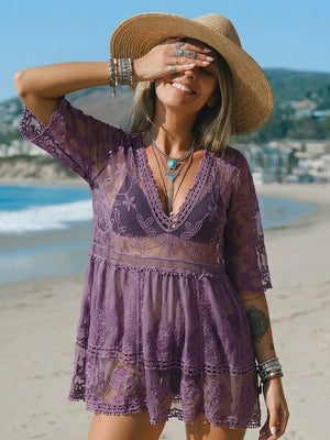 Women's Contrast Lace Bathing Suit Cover Up V-Neck Swimsuit Coverups Loose Swimwear
