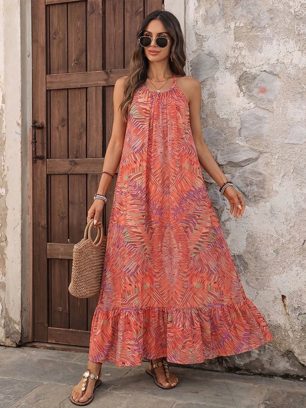 Women's Boho Print Halter Neck Backless Maxi Dress