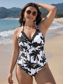 Women’s Palm Tree Print One Piece Swimsuit – Halter Deep V Neck Backless Monokini