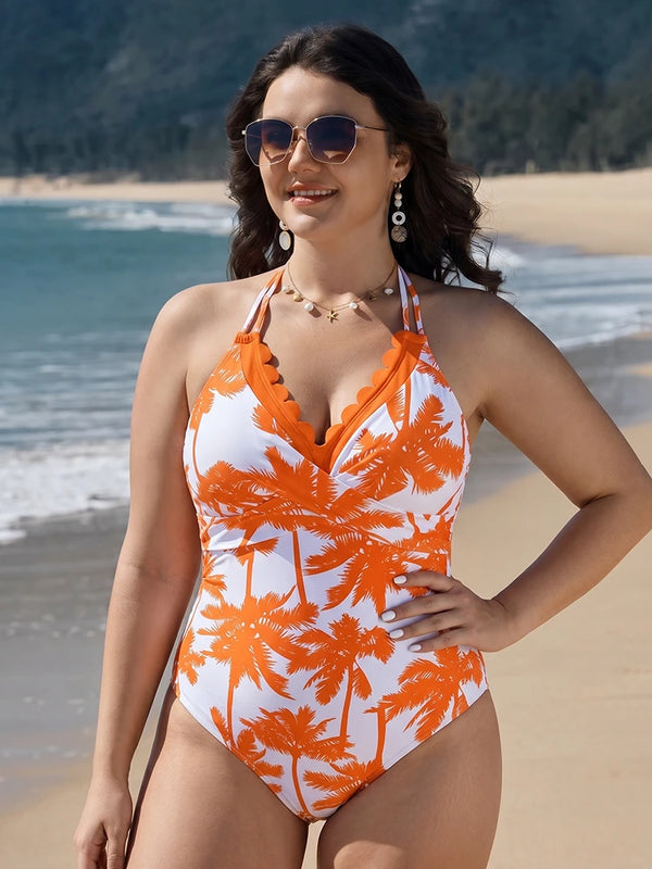 Women’s Palm Tree Print One Piece Swimsuit – Halter Deep V Neck Backless Monokini