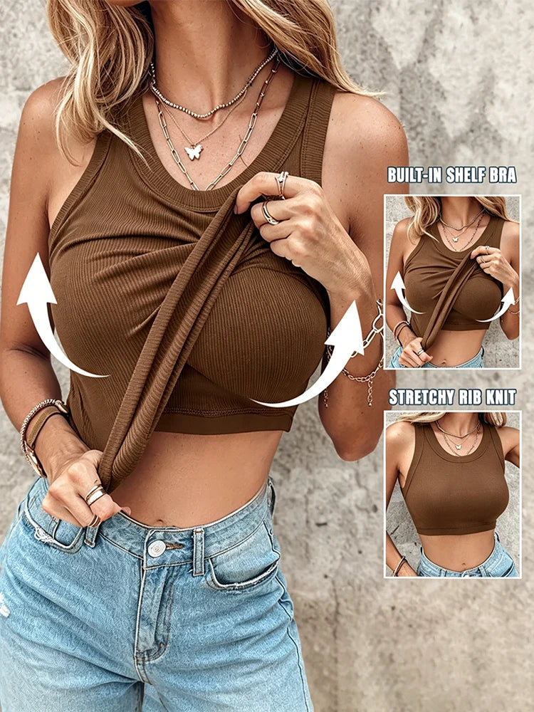 Built-in Bra Tank Top Ribbed Racerback Tops Women Going Out Tops Everyday Basic Tanks Padded Tops