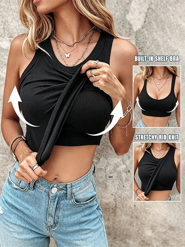 Built-in Bra Tank Top Ribbed Racerback Tops Women Going Out Tops Everyday Basic Tanks Padded Tops