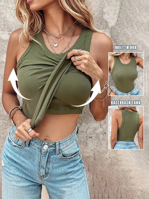 Built-in Bra Tank Top Ribbed Racerback Tops Women Going Out Tops Everyday Basic Tanks Padded Tops