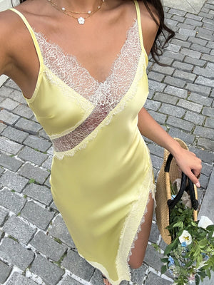 Women’s Backless Lace Trim Satin Maxi Dress