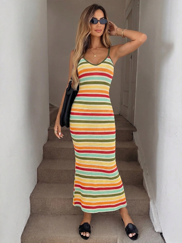 Women’s Backless Striped Knit Maxi Dress